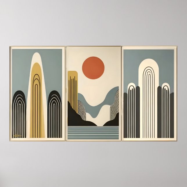 Mid Century Modern Art Mountain Lake Sunrise Poster (Vorne)