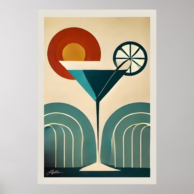 Mid Century Modern Art Mountain Sunrise Martini Poster (Vorne)