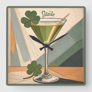 Mid Century Modern Art Shamrock Martini Sláinte!  Quadratische Wanduhr