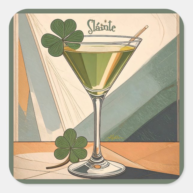 Mid Century Modern Art Shamrock Martini Sláinte!  Quadratischer Aufkleber (Vorderseite)
