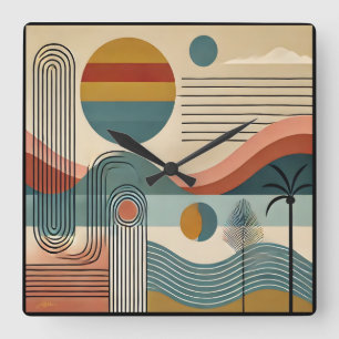 Mid Century Modern Art Strand Sonnenaufgang Quadratische Wanduhr