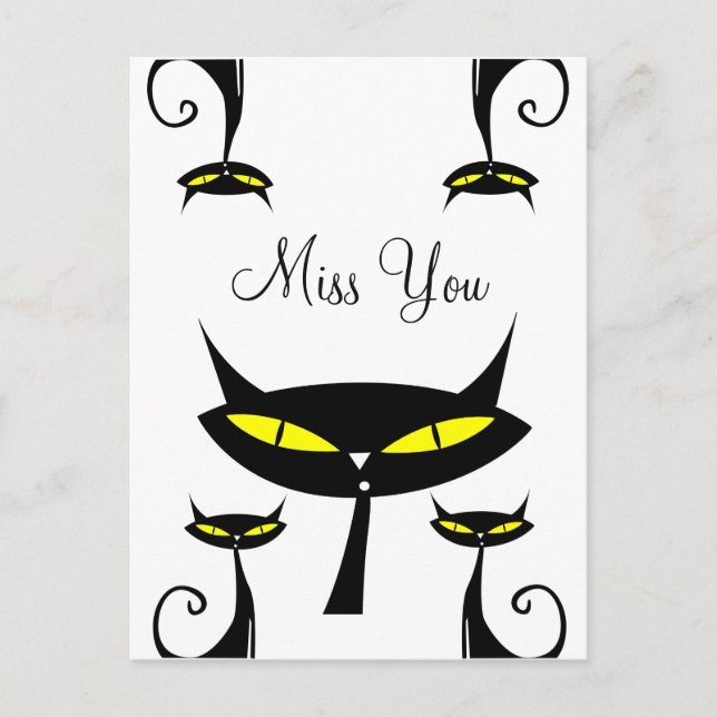 Mid Century Modern Atomic Schwarze Katze Fehlt dir Postkarte (Vorderseite)