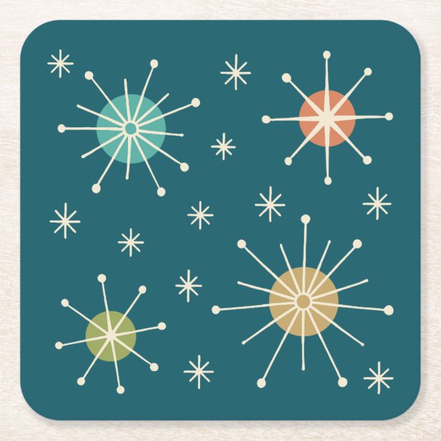 Mid Century Modern Atomic Starburst Pattern Rechteckiger Pappuntersetzer (Vorderseite)