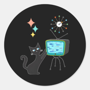Mid Century Modern Atomkatze Mit Fisch Tv Runder Aufkleber