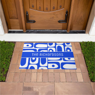Mid Century Modern Blau und Weiß Personalisiert Fußmatte
