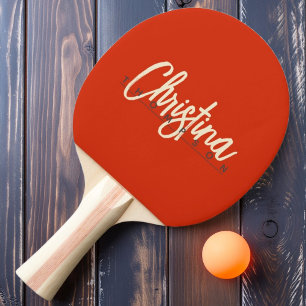 Mid-Century Modern Blutorange bemalter Name Tischtennis Schläger