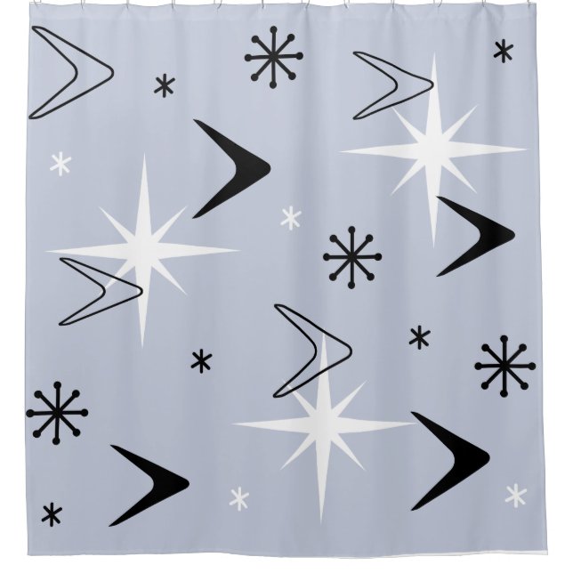 Mid Century Modern Boomerangs Silver Blue Duschvorhang (Vorderseite)