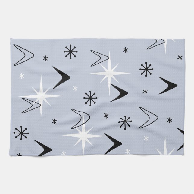 Mid Century Modern Boomerangs Silver Blue Geschirrtuch (Horizontal)