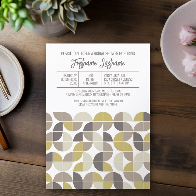 Mid Century Modern Bridal Shower Gold Grey Taupe Einladung (Mod, Modern Bridal Shower Invitation - Retro Half Moon Pattern Design)