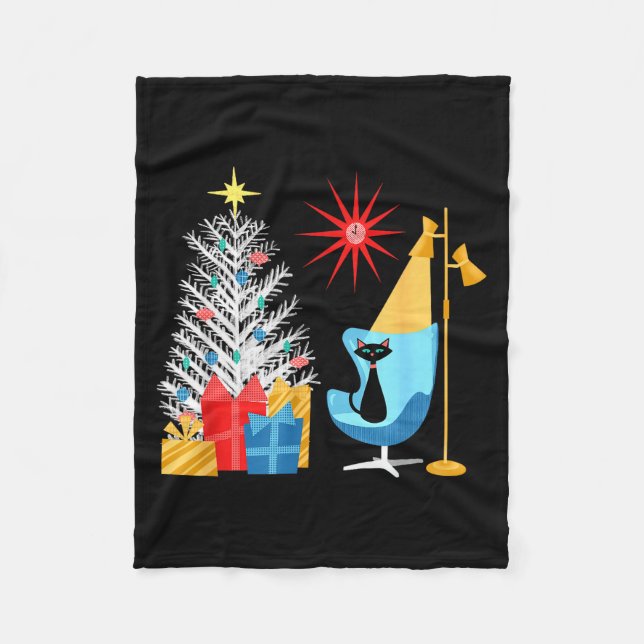 Mid-century Modern Christmas Tree And Cat In Retro Fleecedecke (Vorderseite)