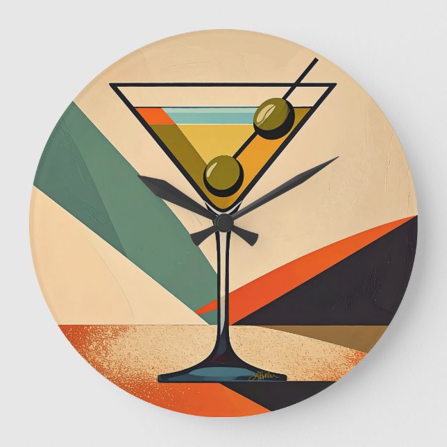 Mid Century Modern Color Block Martini Art Große Wanduhr (Vorderseite)