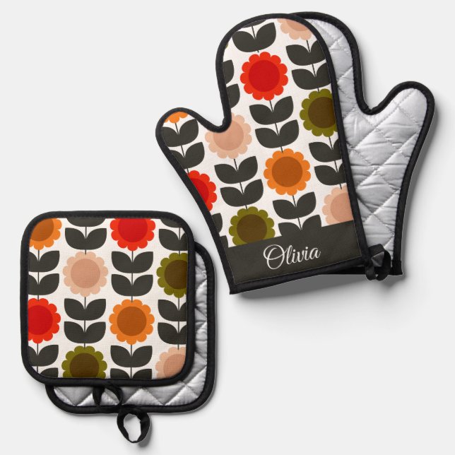  Mid-Century Modern Colored Retro Groovy Flowers  Ofenhandschuh & Topflappen-Set (Vorderseite/Rückseite)