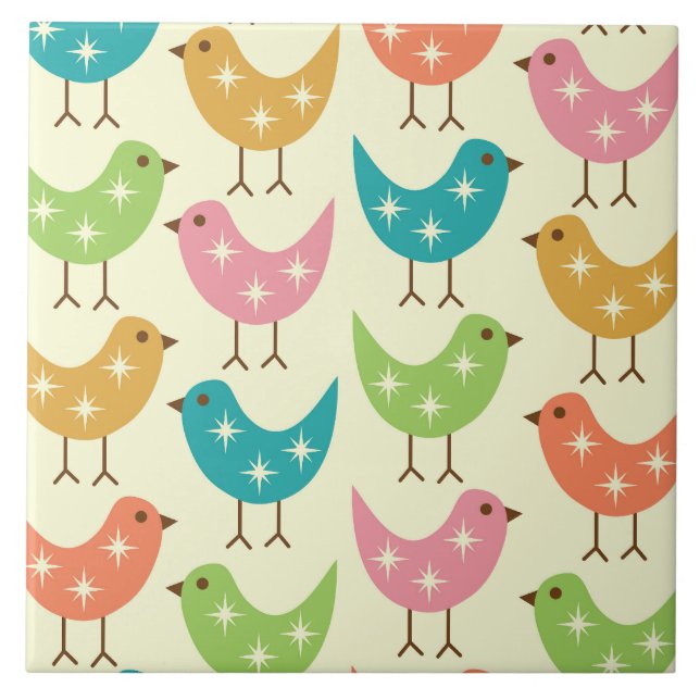 Mid Century Modern Colorful Atomic Birds Pattern  Fliese (Vorderseite)