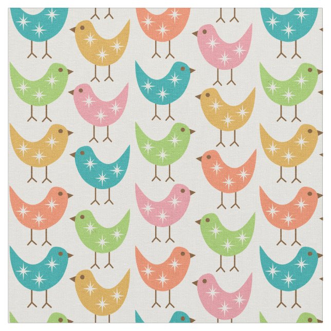 Mid Century Modern Colorful Atomic Birds Pattern Stoff (Nahaufnahme)