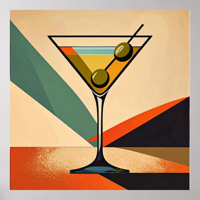 Mid Century Modern Farbblock Martini Kunst Poster (Vorne)