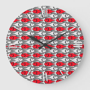 Mid-Century Modern Fisch, rot und grau Große Wanduhr