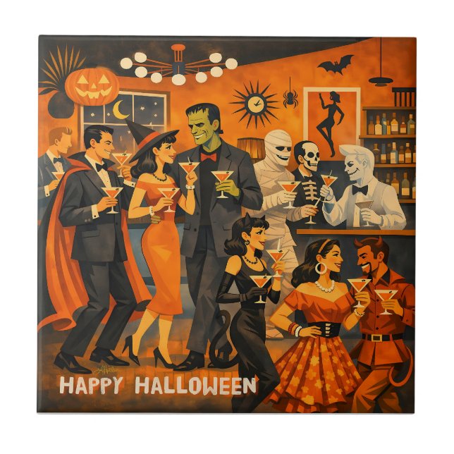 Mid Century Modern Halloween Martini-Party Fliese (Vorderseite)