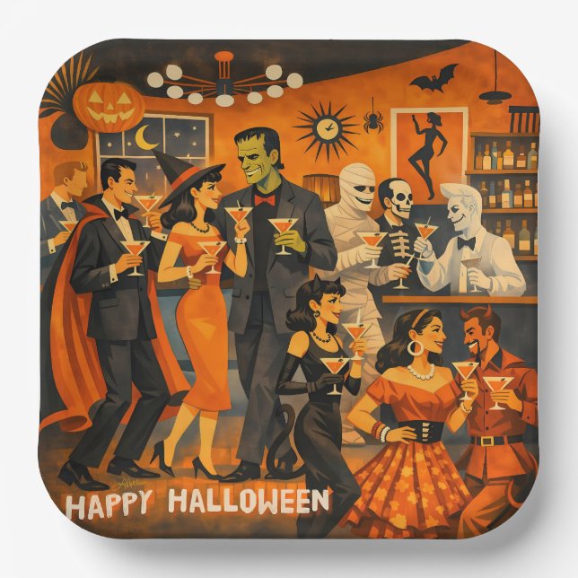 Mid Century Modern Halloween Martini-Party Pappteller (Vorderseite)