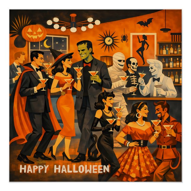 Mid Century Modern Halloween Martini-Party Poster (Vorderseite)