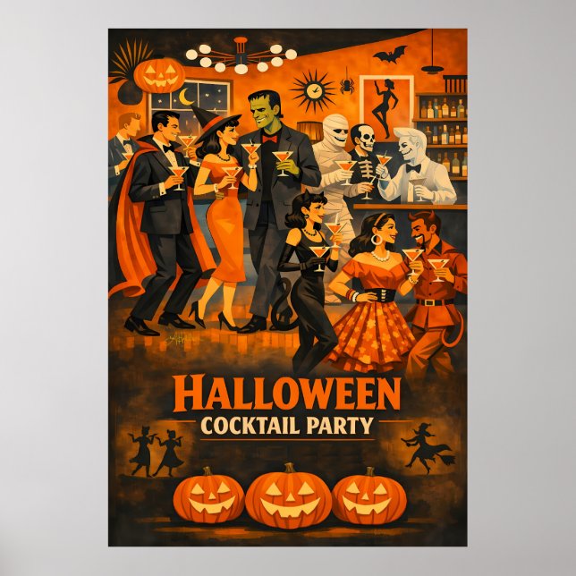 Mid Century Modern Halloween Martini-Party Poster (Vorne)