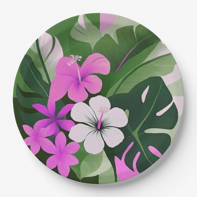 Mid-Century Modern Hawaiian Hibiscus and Plumeria Pappteller (Vorderseite)
