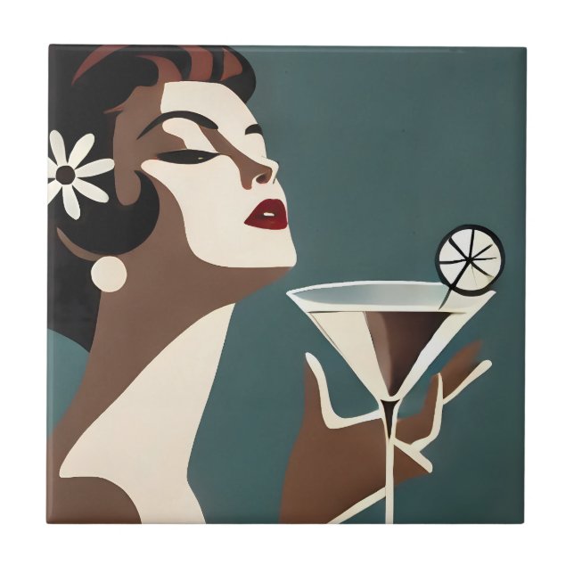 Mid Century Modern Kunst Die Martini-Diva Fliese (Vorderseite)