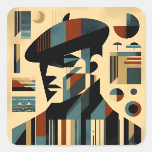 Mid-Century-Modern-Kunst Mann mit Barett Quadratischer Aufkleber