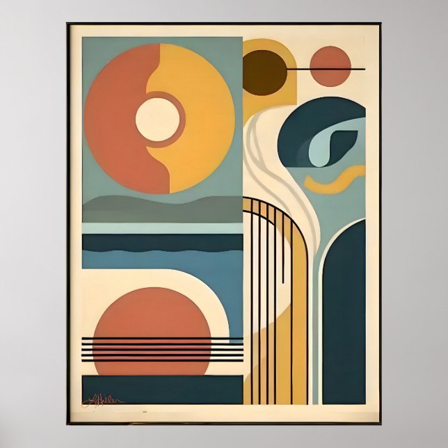 Mid Century Modern Kunst Sonnenaufgang Sonnenunter Poster (Vorne)