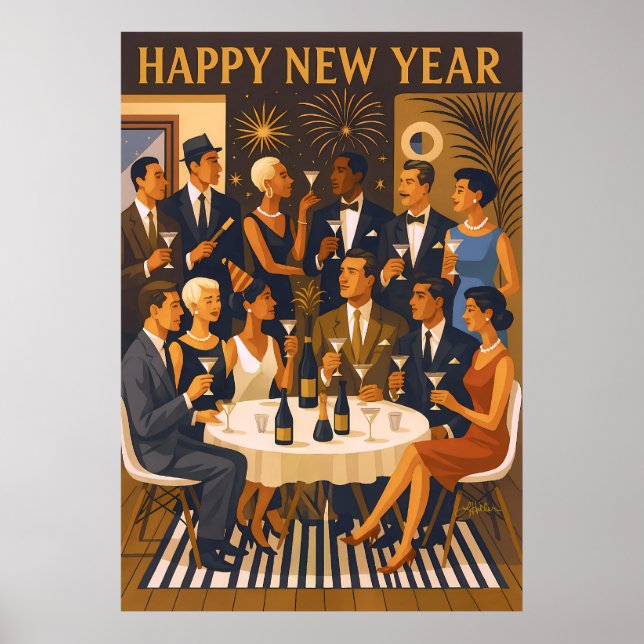 Mid Century Modern Martini Intellectuals New Year Poster (Vorne)