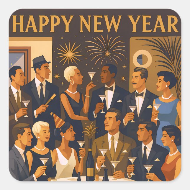 Mid Century Modern Martini Intellectuals New Year Quadratischer Aufkleber (Vorderseite)