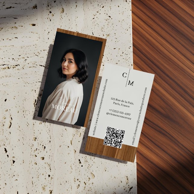 Mid-century Modern Minimal Woodgrain Photo QR Code Visitenkarte (Mid-century Modern Minimal Woodgrain Photo QR Code Business Card)