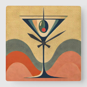 Mid Century Modern "Pfefferschoten-Oliven-Martini- Quadratische Wanduhr