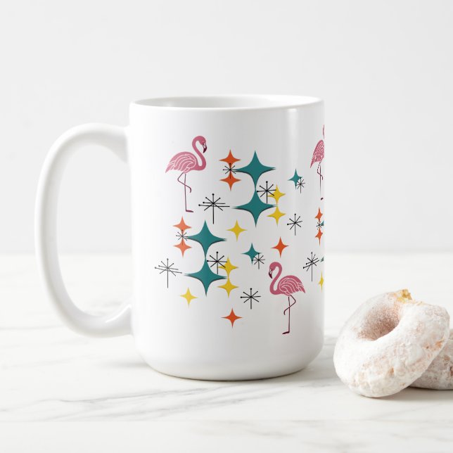 Mid Century Modern Pink Flamingo Diamond Starburst Kaffeetasse (Mit Donut)
