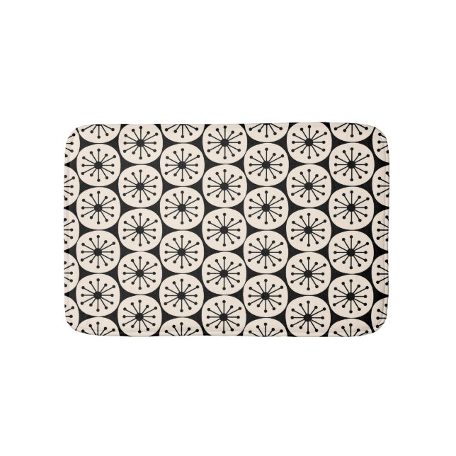 Mid Century Modern Retro Atomar Schwarz und Creme Badematte (Vorderseite)