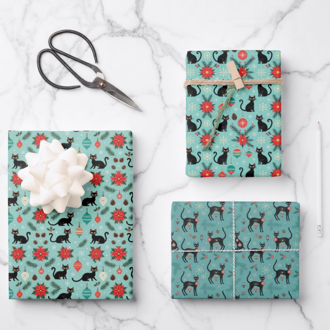 Mid Century Modern Retro Christmas Cat Gift Wrap Geschenkpapier Set (Vorderseite)