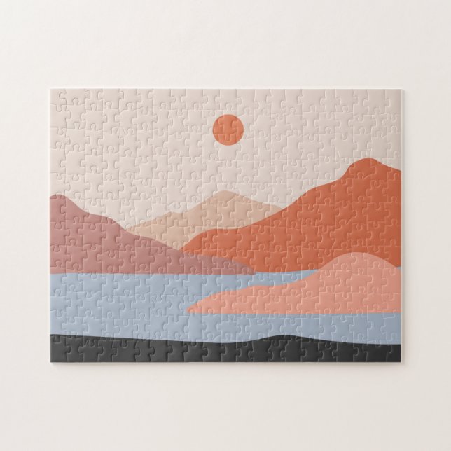Mid Century Modern Retro Landschaft Orange  Puzzle (Horizontal)