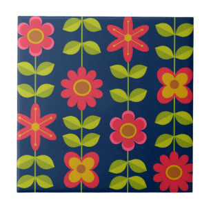 Mid Century Modern rote Blumen mit Blättern Fliese