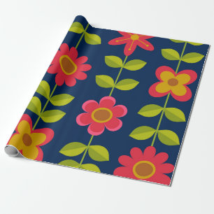 Mid Century Modern rote Blumen mit Blättern   Geschenkpapier