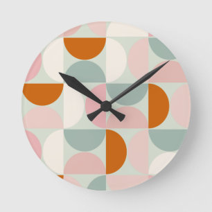 Mid Century Modern Salbeigrün Blutorange Muster Runde Wanduhr