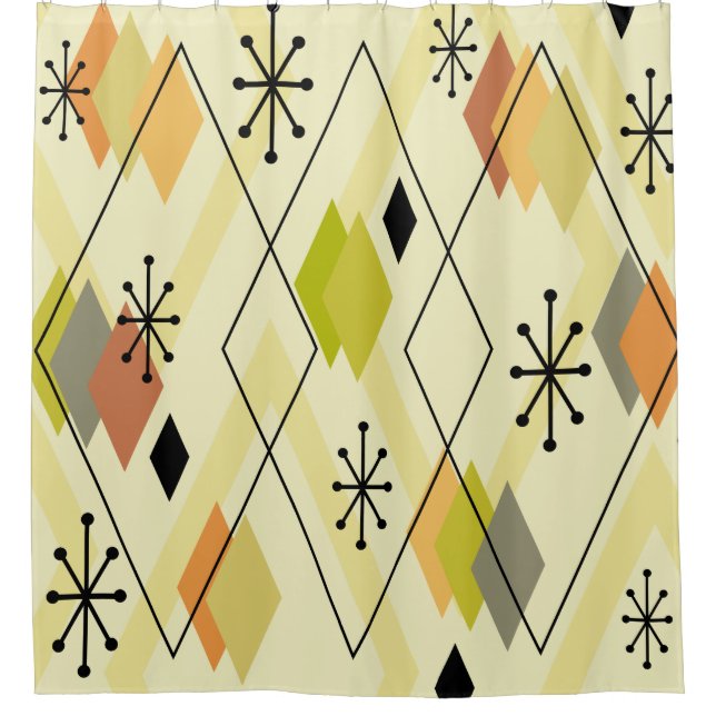 Mid Century Modern Scattered Diamonds Chartreuse Duschvorhang (Vorderseite)