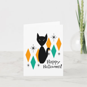 Mid Century Modern Schwarze Katze Frohes Halloween Karte