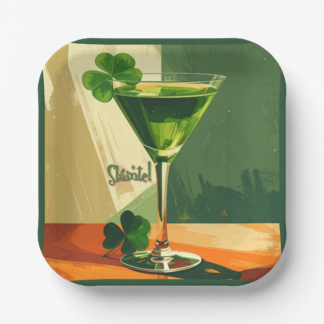 Mid Century Modern Shamrock Martini Sláinte!  Pappteller (Vorderseite)