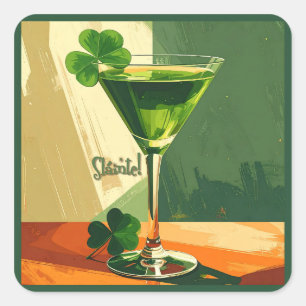 Mid Century Modern Shamrock Martini Sláinte! Quadratischer Aufkleber