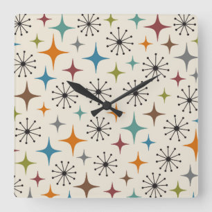 Mid-Century-Modern-Sonnenstrahl-Muster Quadratische Wanduhr