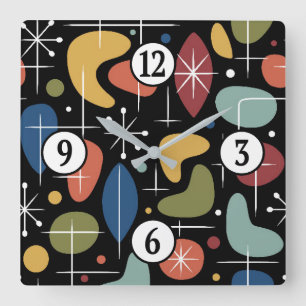 Mid-Century-Modern-Sonnenstrahl-Muster Quadratische Wanduhr