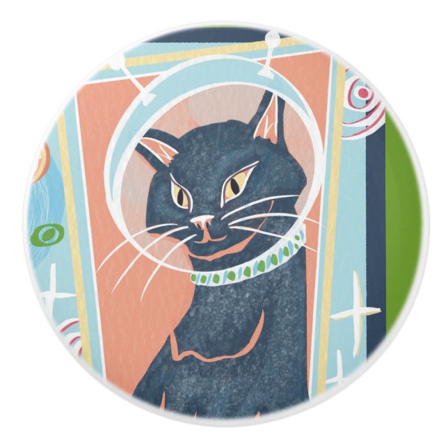 Mid Century Modern Space Kitty Keramikknopf Keramikknauf (Vorderseite)