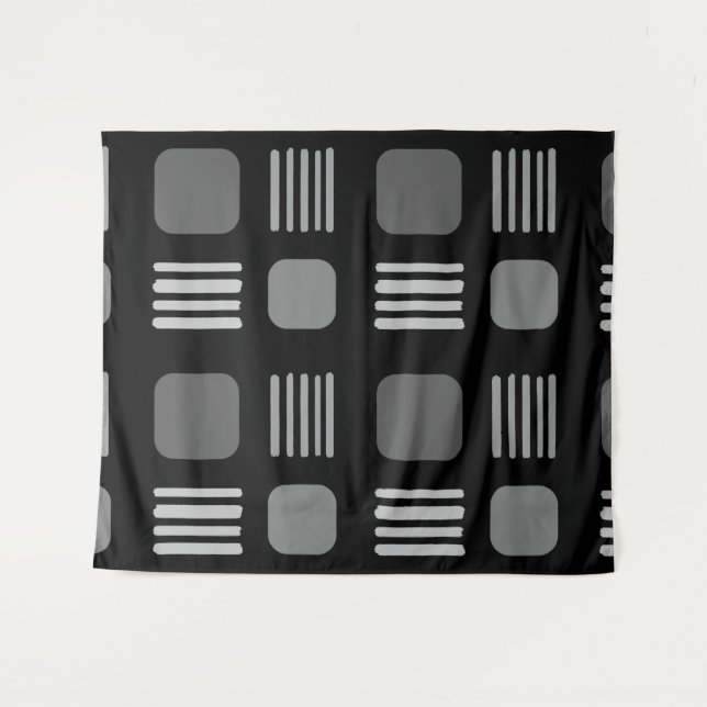 Mid-Century Modern Squares Lines Dark Gray Wandteppich (Vorderseite (Horizontal))