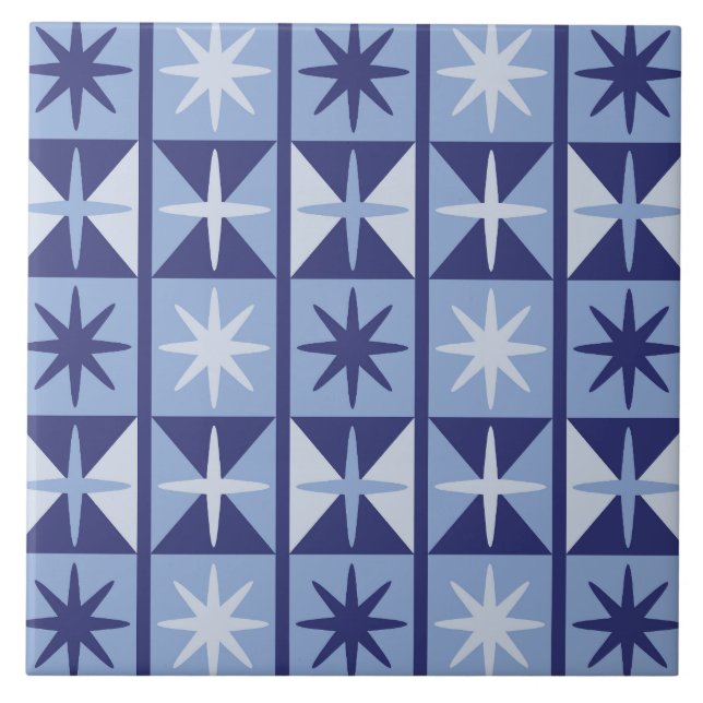 Mid Century Modern Starburst Pattern in Blues Fliese (Vorderseite)