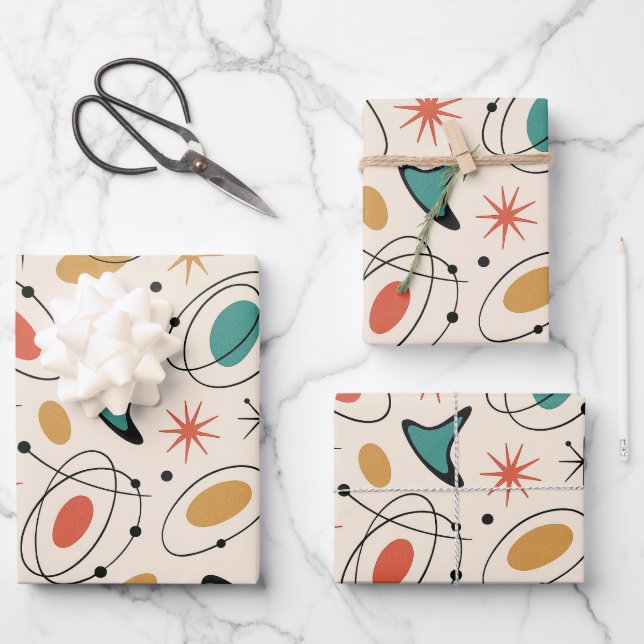 Mid Century Modern Starburst Pattern Wrapping Pape Geschenkpapier Set (Vorderseite)