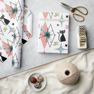 Mid Century Modern Sterne und Katzen Muster Weiß Geschenkpapier